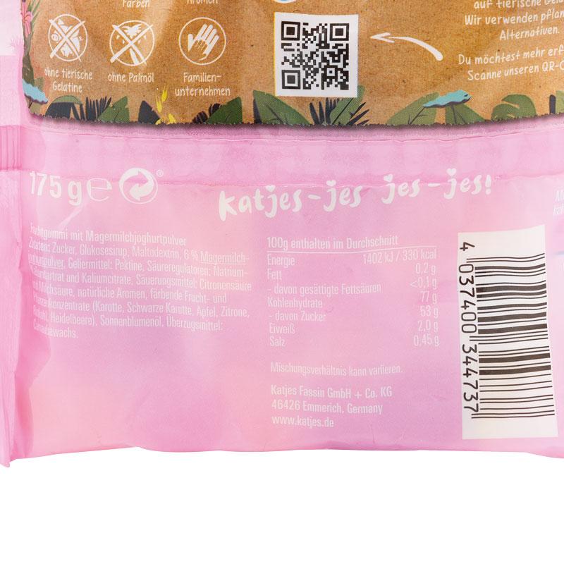 Die Auslobung der Katjes Yoghurt Gamus in weißer Schrift auf rosa Hintergrund.