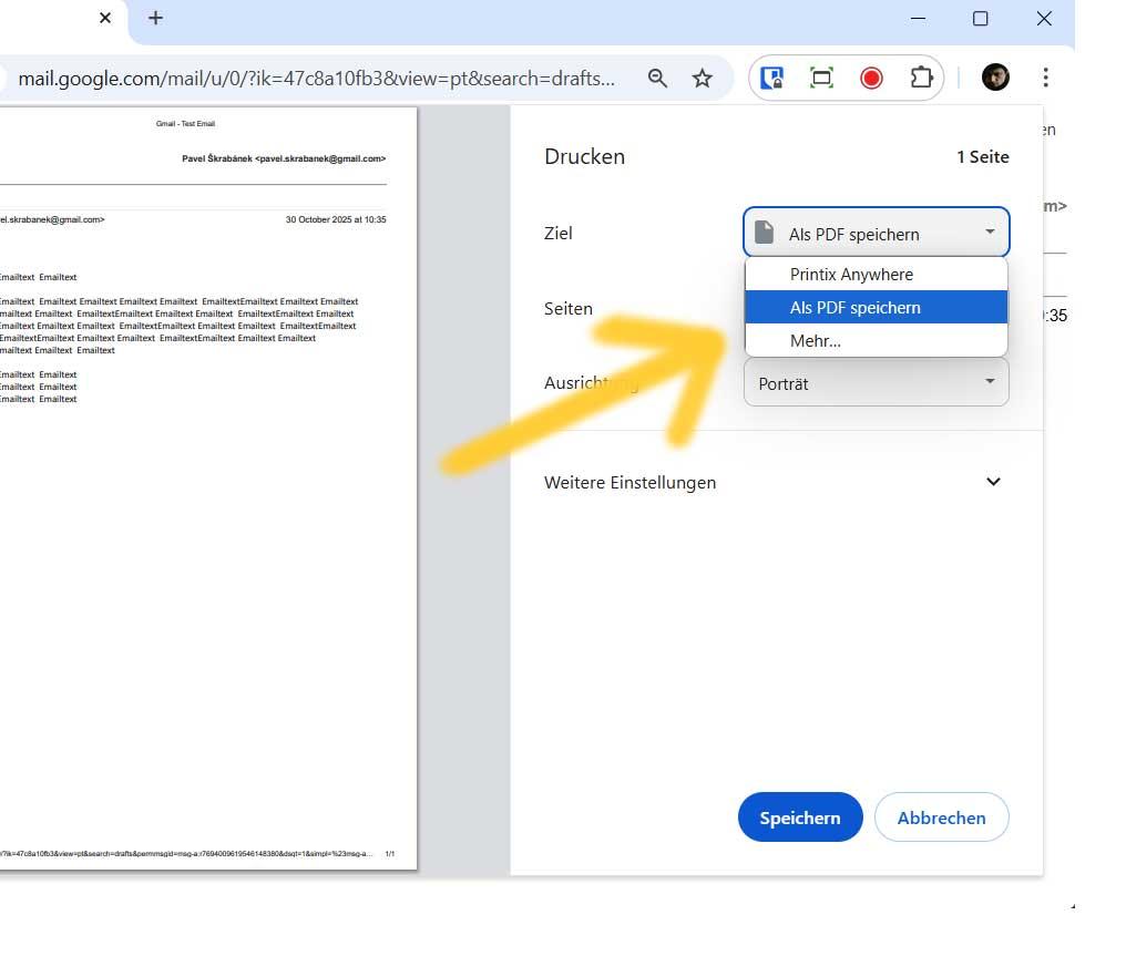 Screenshot von Gmail zeigt Menüpunkt wo man Email als PDF speichern kann