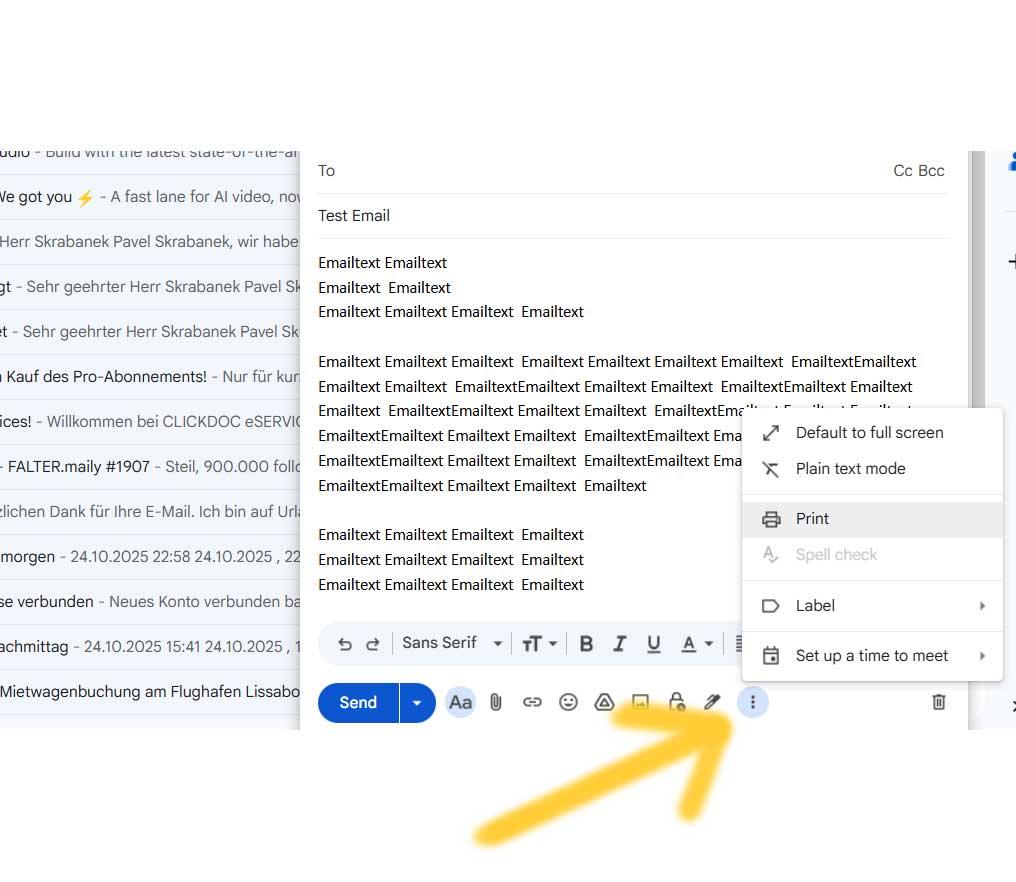 Screenshot von Gmail zeigt Menüpunkt wo man Email als PDF speichern kann