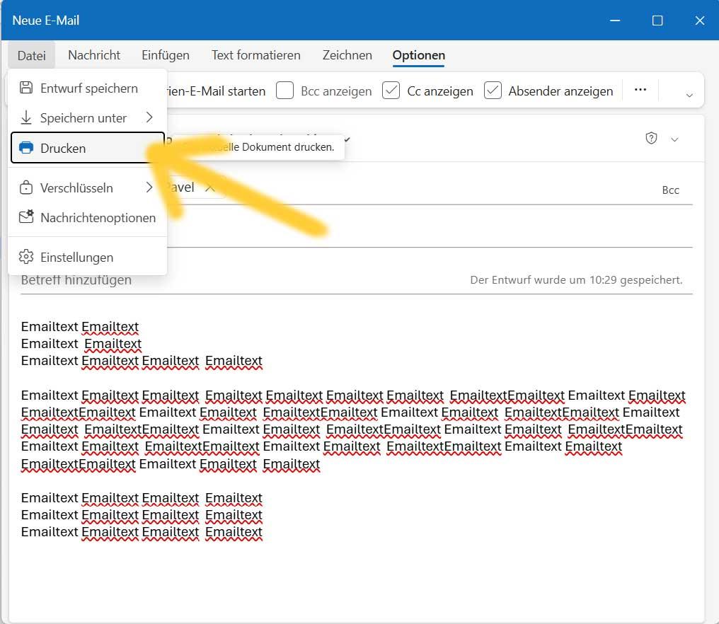 Screenshot von Outlook zeigt Menüpunkt wo man Email als PDF speichern kann