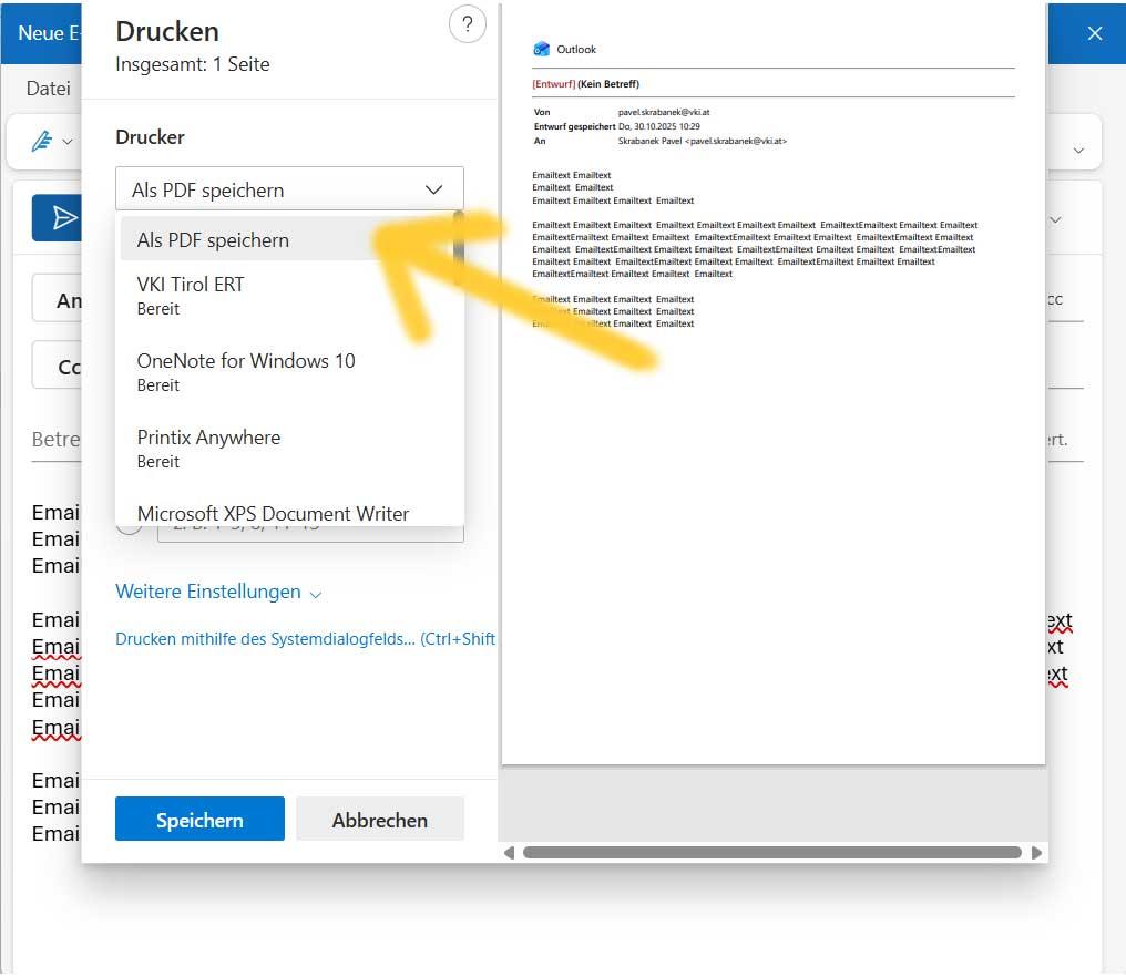 Screenshot von Outlook zeigt Menüpunkt wo man Email als PDF speichern kann