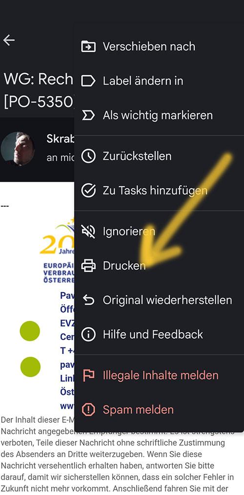 Screenshot of a smartphone showing various menu items in the email programme. The ‘Print’ option is marked with a yellow arrow.