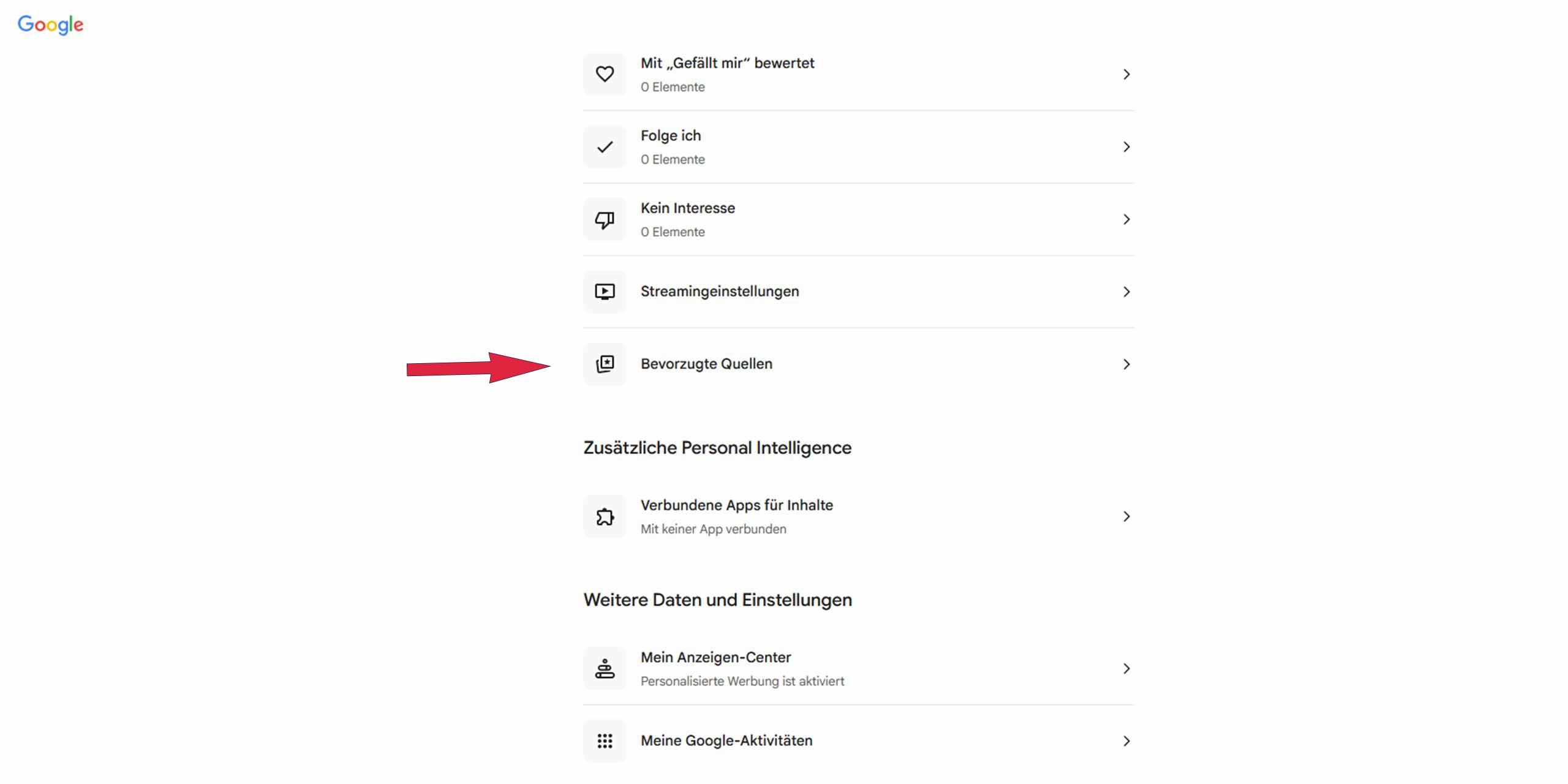 Google personalisieren und bevorzugte Quellen einstellen: Schritt 2