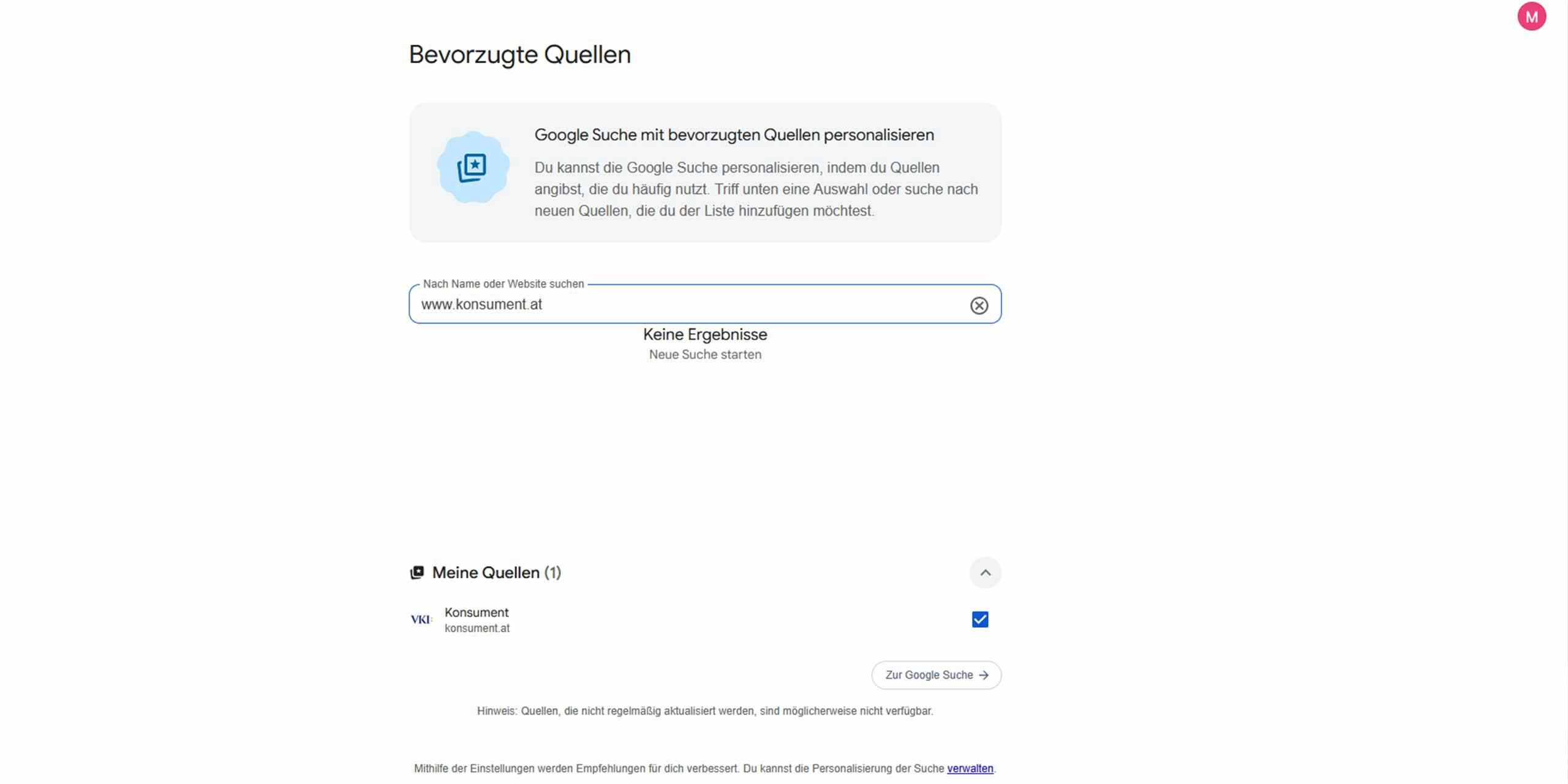 Google personalisieren und bevorzugte Quellen einstellen: Schritt 3