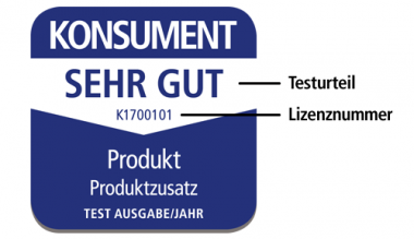 KONSUMENT-Testplakette mit Erklärung