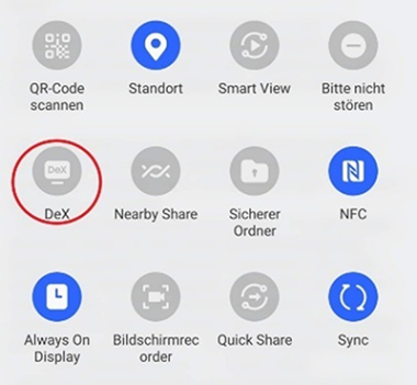 Menü eines Samsung-Smartphones, der Punkt DeX ist rot umkreist.