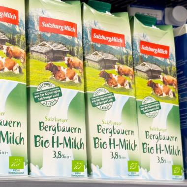 Das EU-Bio-Logo auf Tetrapacks von Salzburger Milch