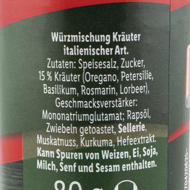 Die Zutatenliste der Kania Würzlinge Kräuter italienischer Art in weißer Schrift auf grünem Hintergrund. 