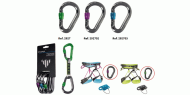 Verschiedene Kletterausrüstungsgegenstände: Oben drei Karabiner mit unterschiedlichen Farben und Referenznummern (Ref. 2927, 292702, 292703). Unten sind ein Klettersteigset, zwei Klettergurte (pink/blau und grün/blau) sowie Sicherungsgeräte mit dazugehörigen Karabinern abgebildet.