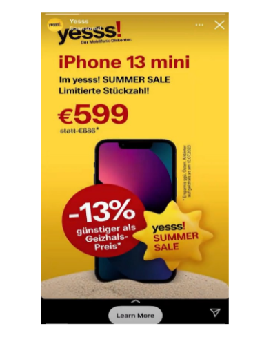 So sieht die Werbung von Yesss für einen Tarif und das iPhone13 aus