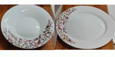 Zwei weiße Teller mit kleinteiligem Blumenmuster auf beinahe der Hälfte des Randes