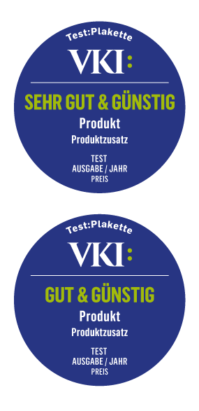 Darstellung der Testplaketten SEHR GUT & GÜNSTIG