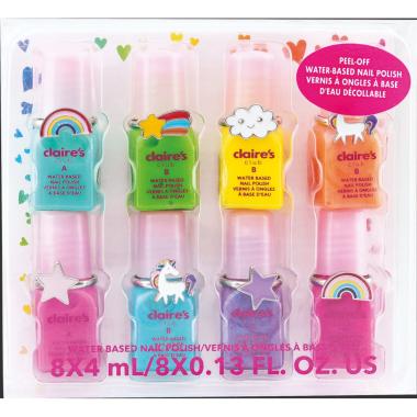 Claire's Club Rainbow Peel-Off Polish Set mit acht verschiedenfärbigen Nagellacken in durchsichtiger Verpackung.