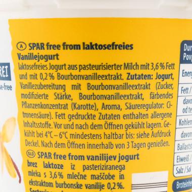 Die Zutatenliste des Spar Free Früchtejoghurt Vanille laktosefrei in schwarzer Schrift auf gelbem Hintergrund. 