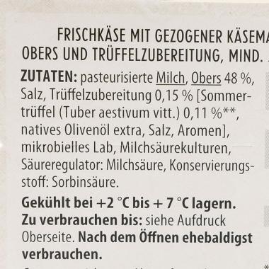 Die Zutatenliste der Billa Genusswelt Trüffel Burrata in schwarzer Schrift auf weißem Hintergrund. 