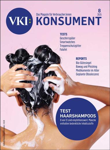 Titelseite der KONSUMENT-Ausgabe 8/2025 Kopf mit Haarshampoo