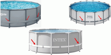 Drei runde, oberirdische Pools mit Metallrahmen. Zwei oben, eines unten. Markenaufschriften: „Piscile“, „Bestway Steel Pro MAX“ und „INTEX“. Rote Pfeile markieren bestimmte Stellen an den Gestellen. Die Pools sind mit Wasser gefüllt und stehen auf ebenem Untergrund.