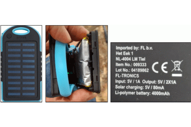 Bild aus 3 Fotos. Links: Schwarze Solar-Powerbank mit hellblauen Details. Mittleres Bild: Angeschnittene Finger halten offene Powerbank mit aufgeblähtem Akku. Rechts: Typenschild.