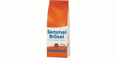 Papiersack in Rot-weiß-rot für 10 kg Semmelbrösel. Im Weißen Feld steht blau Semmelbrösel.