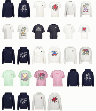Viele Leiberl und Pullover in unterschiedlichem Keith-Haring-Design