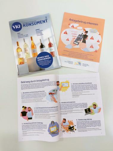 Foto der Titelseite des Konsument Magazins, daneben die Titelseite des Beihefters und darunter eine aufgeschlagene Doppelseite mit Illustrationen und Textabsätzen