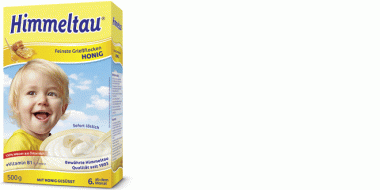Eine Kartonverpackung für feine Grießflocken. Darauf ist der Kopf eine fröhlichen Kindes zu sehen. Darüber steht auf gelbem Grund blau "Himmeltau".