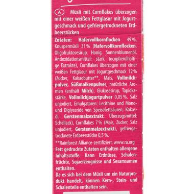 Die Zutatenliste des Spar Müsli Jogurt-Erdbeere in weißer Schrift auf pinkem Hintergrund. 