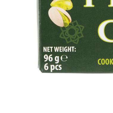 Die Auslobung der Verpackung von den Bardollini Pistachio Cookies in weißer Schrift vor grünem Hintergrund. 