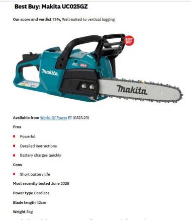 Screenshot Kettensäge Makita UC25GZ aus britischen Konsumentenmagazin Which 