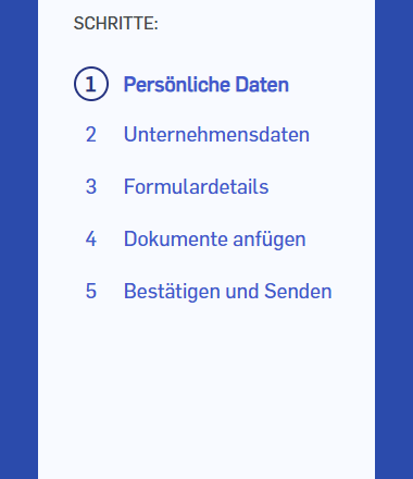 Screenshot der EVZ Eingabemaske mit angewählten Checkboxen bis Schritt 1 "Persönliche Daten"