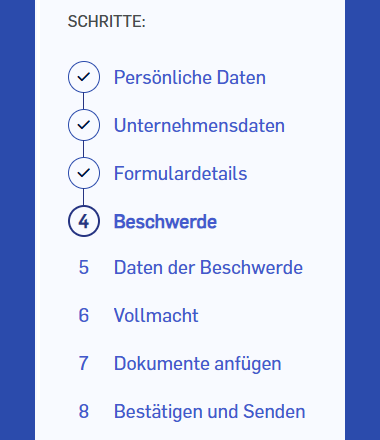 Screenshot of the ECC input form with selected checkboxes up to step 4 ‘Complaint’