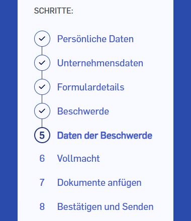 Screenshot of the ECC input form with selected checkboxes up to step 5, ‘Complaint details’