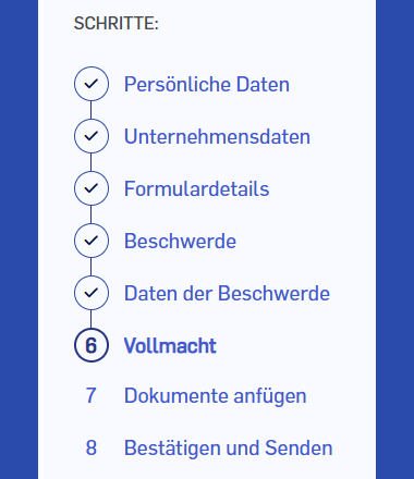 Screenshot of the ECC input form with selected checkboxes up to step 6 ‘Power of attorney’