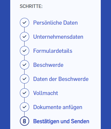 Screenshot of the EVZ input form with selected checkboxes up to step 8 ‘Confirm and send’