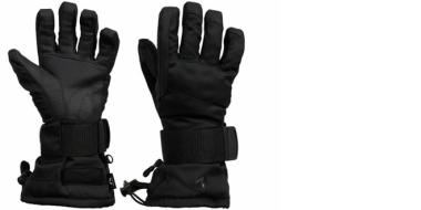 Ein Paar schwarzer Kinder-Schihandschuhe vor weißem Hintergrund