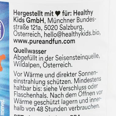 Die Auslobung des Pure Fun Heldenwassers in schwarzer Schrift auf weißem Hintergrund.