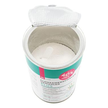 Eine geöffnete Dose BI Life Flohsamenschalen gemahlen Plus. 