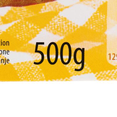 Die Füllmengenangabe auf dem Tiefkühl-Topfenstrudel von Hofer. 