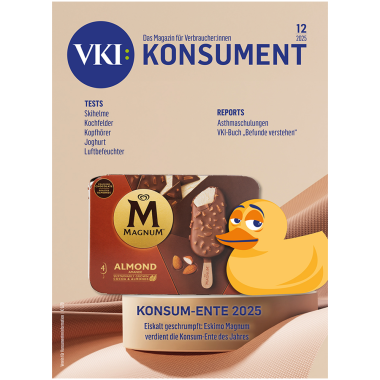 Der Cover von KONSUMENT 12/2025 zeigt das Eskimo-Magnum-Mandel. Es geht um Shrinkflation