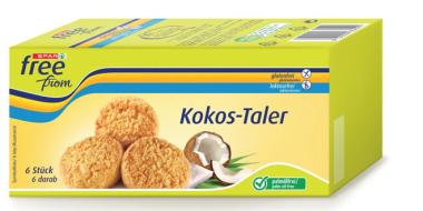 Gelbe Kartonverpackung mit 3 Kokostalern und einer offenen Kokosnuss darauf abgebildet und dem Schriftzug Kokos-Taler