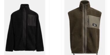 eine schwarze Fleece-Jacke und eine braune ohne Ärmel