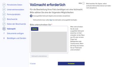 Bildschirmaufnahme der EVZ Eingabemaske bei Schritt 6 wo man die Vollmacht unterschreiben oder hochladen kann