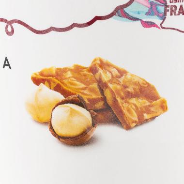 Macadamianüsse und Macadamia-Krokant aufweißem Hintergrund. 