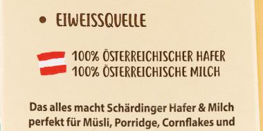 100 Prozent österreichischer Hafer und 100 Prozent österreichische Milch steht am Etikett