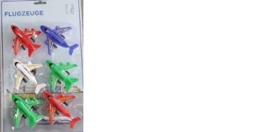 6 verschiedenfärbige Spielzeugflugzeuge in transparenter Blisterverpackung