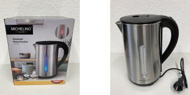 Ein Edelstahlwasserkocher, links daneben die bebilderte Kartonverpackung des Wasserkochers
