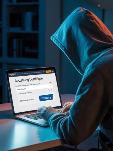 Criminal in a hoodie sweater bent over a laptop. On the screen, Amazon order form with Riverty logo.