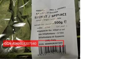 Verpackung eines Beutels frischen Spinats. Auf dem weißen Etikett stehen Produktinformationen wie „SPINAT / SPINACI“, das Herkunftsland Italien und ein Gewicht von 500 g. Darunter befinden sich Angaben zum Abpacker Villafrut srl sowie ein Barcode. Ein roter Hinweis markiert die GGN‑Nummer 4049928207340. Im Hintergrund sind grüne Spinatblätter sichtbar.