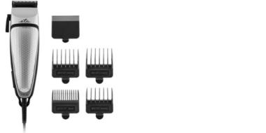 Auf dem Bild ist ein silber‑schwarzer elektrischer Haarschneider zu sehen, der links angeordnet ist und über ein Netzkabel verfügt. Rechts daneben liegen fünf schwarze Aufsätze in unterschiedlichen Größen: vier Kammaufsätze mit verschiedenen Schnittlängen sowie ein breiterer Trimmaufsatz. Alle Teile sind übersichtlich nebeneinander platziert und wirken wie ein komplettes Haarschneide‑Set.