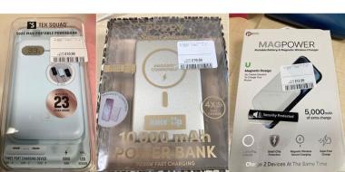 Auf dem Bild stehen drei unterschiedlich verpackte Powerbanks nebeneinander auf einem Tisch. Links befindet sich eine weiße 5.000‑mAh‑Powerbank von Tek Squad in transparenter Kunststoffverpackung. In der Mitte liegt eine goldfarbene, glänzend verpackte 10.000‑mAh‑Powerbank von PopTop. Rechts ist eine MagPower‑Powerbank mit 5.000 mAh in einer weißen Kartonverpackung zu sehen, die magnetisches Laden bewirbt.